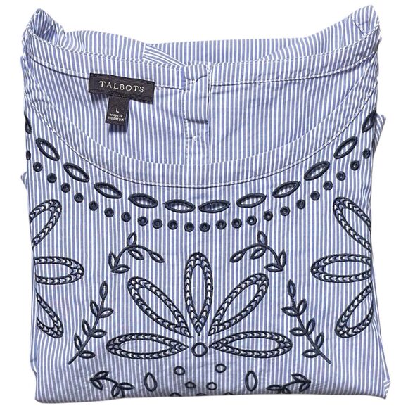 Talbots Embroidered Striped Boho Top Blue White Bell Sleeve Women’s Large EUC - Picture 16 of 16